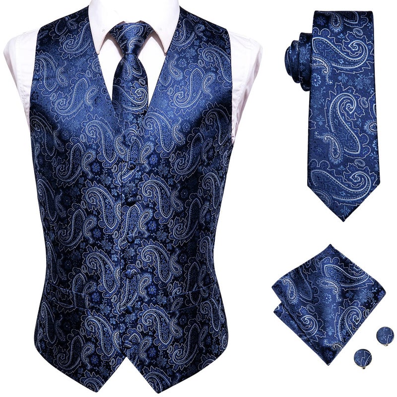 Hi-Tie Paisley Blue White Mens Silk Vest Set and Tie Handkerchief Jacquard Formal Dress Waistcoat for Tuxedo Wedding Party Business - Image 1